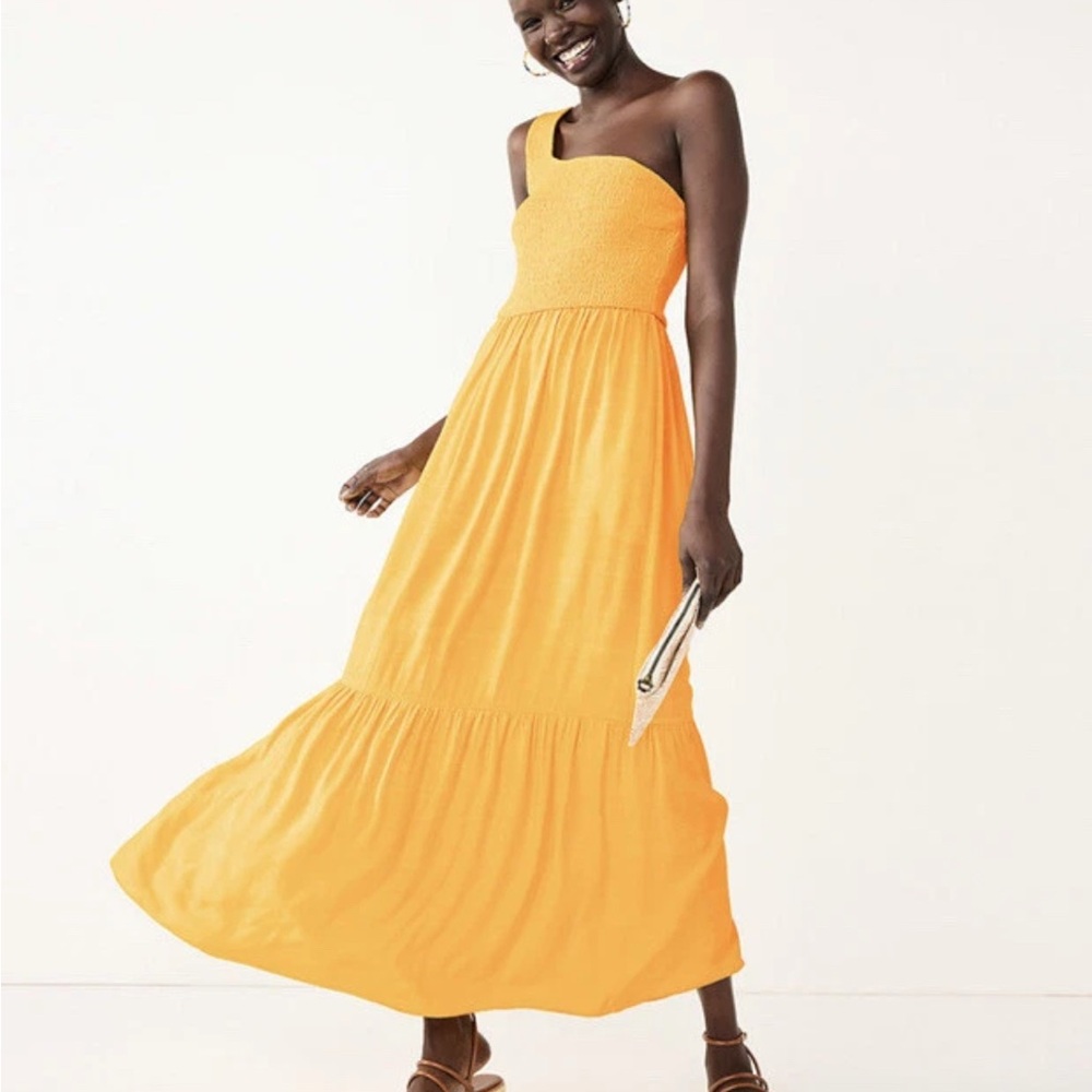 Nine West Women's 3X Liquid Gold One Shoulder Smocked Maxi Dress
